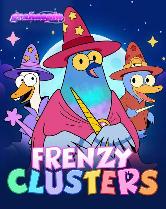 Tampilan visual slot Frenzy Clusters dengan karakter pahlawan dan grid 7x7